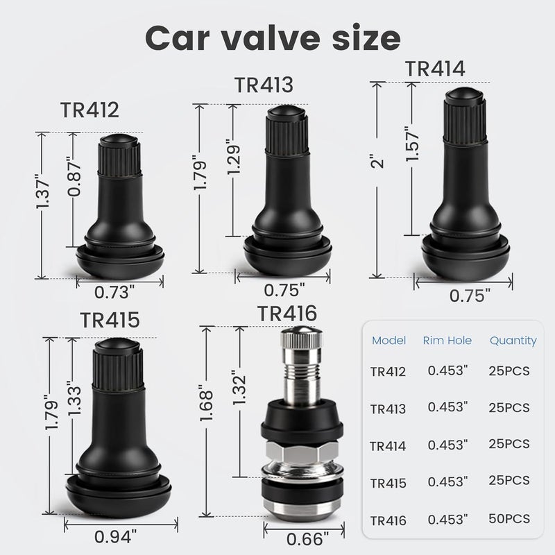 caqeg 25pcs TR414 Tire Valve Stem Rubber Snap-in Valves, Tubeless Valve Stems Suit for 0.453 inch Rim Holes on Standard Vehicle Tires - Image 2